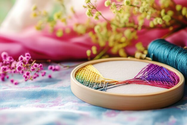 Colorful embroidery threads and hoop